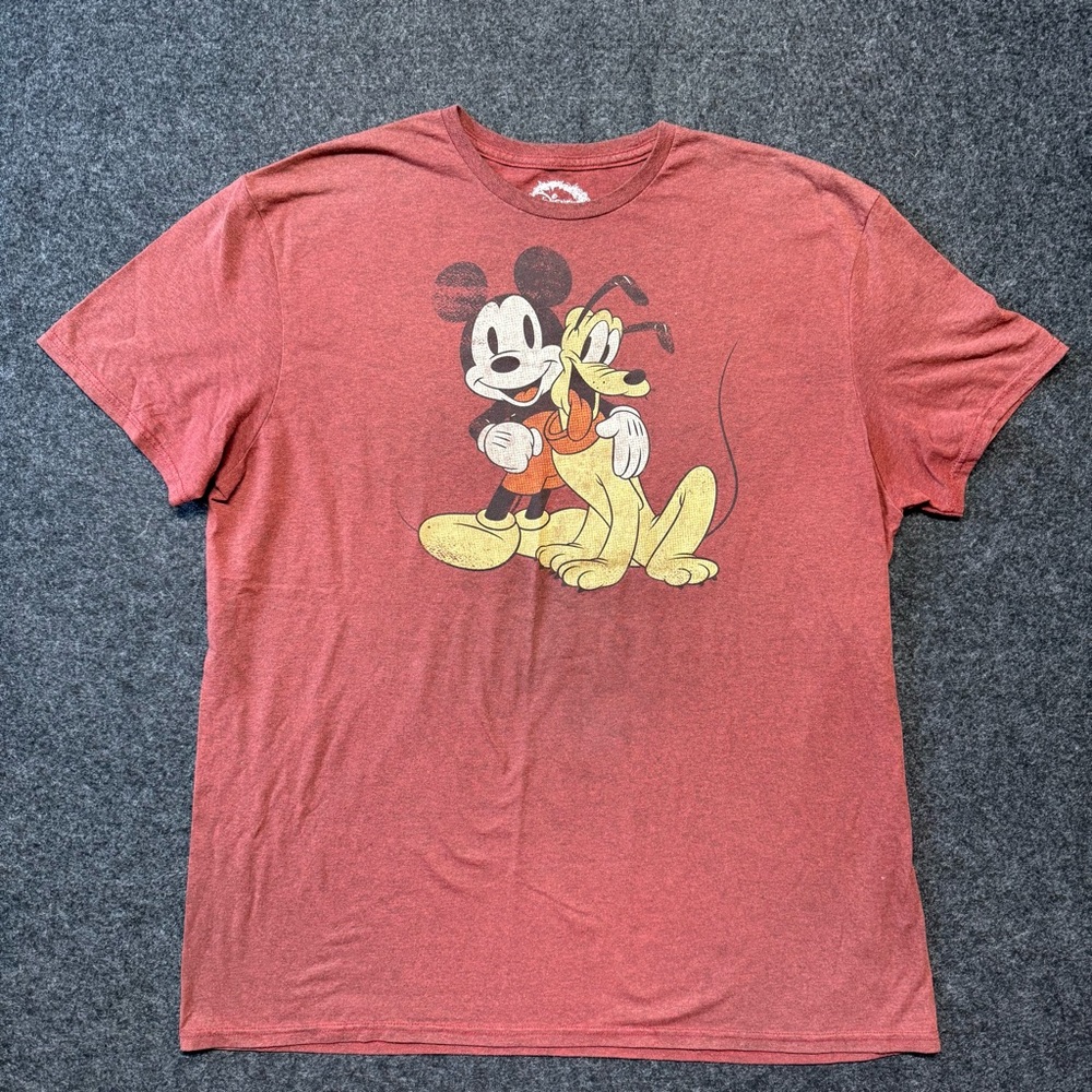 Disney Men's Brick Red Mickey and Pluto Tee